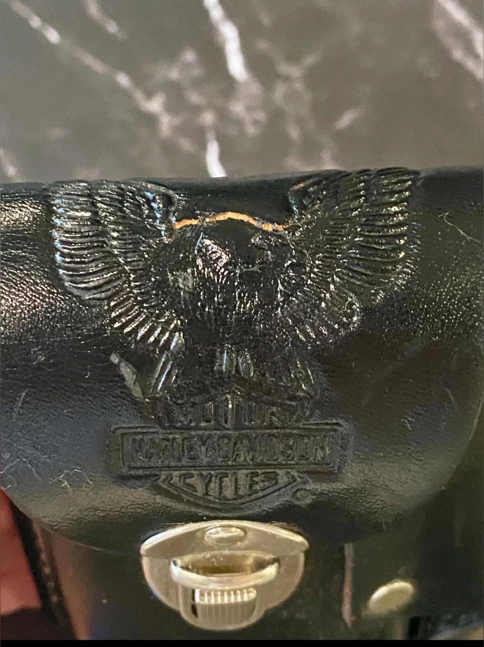 Harley-Davidson Embossed Black Leather Belt Pouch with Silver Clasp